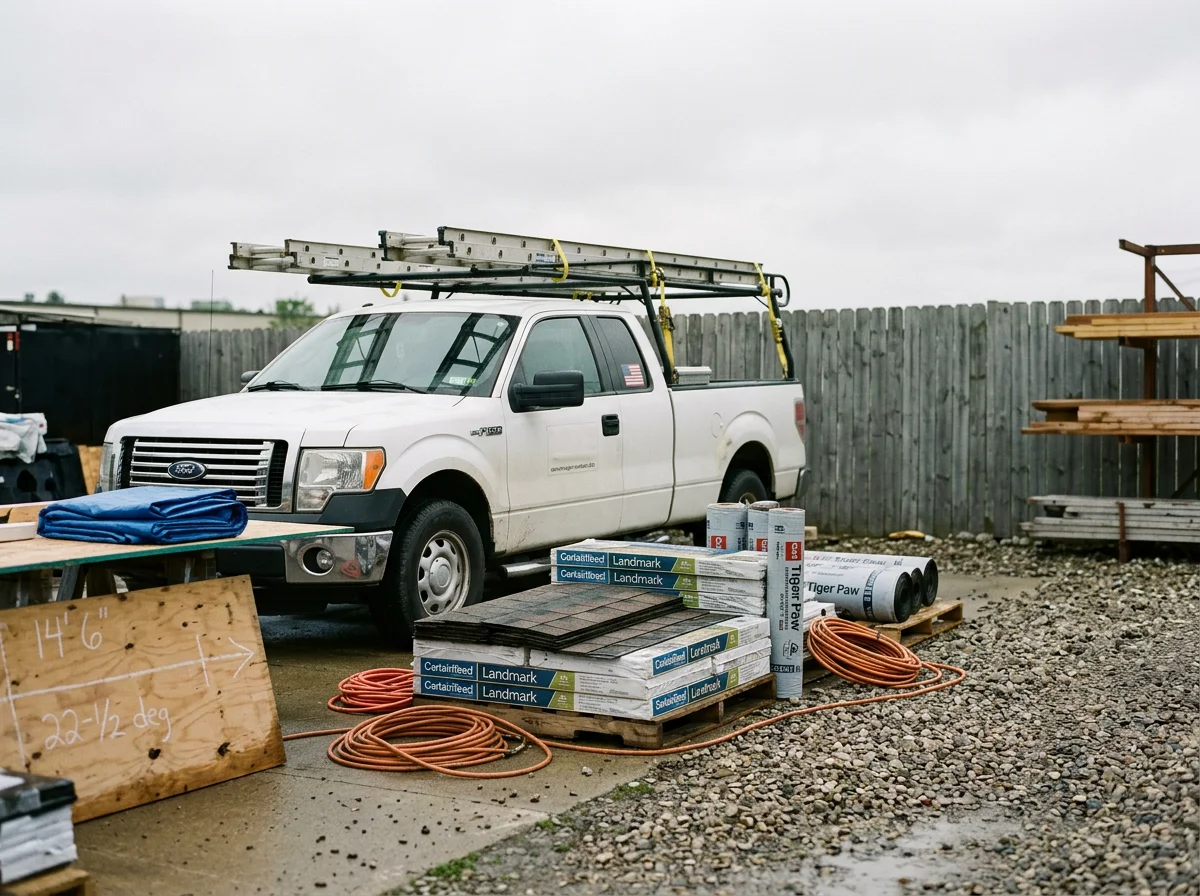 Environmental view of a contractor work area with roofing tools and construction materials arranged for a job. No people are visible in the scene.