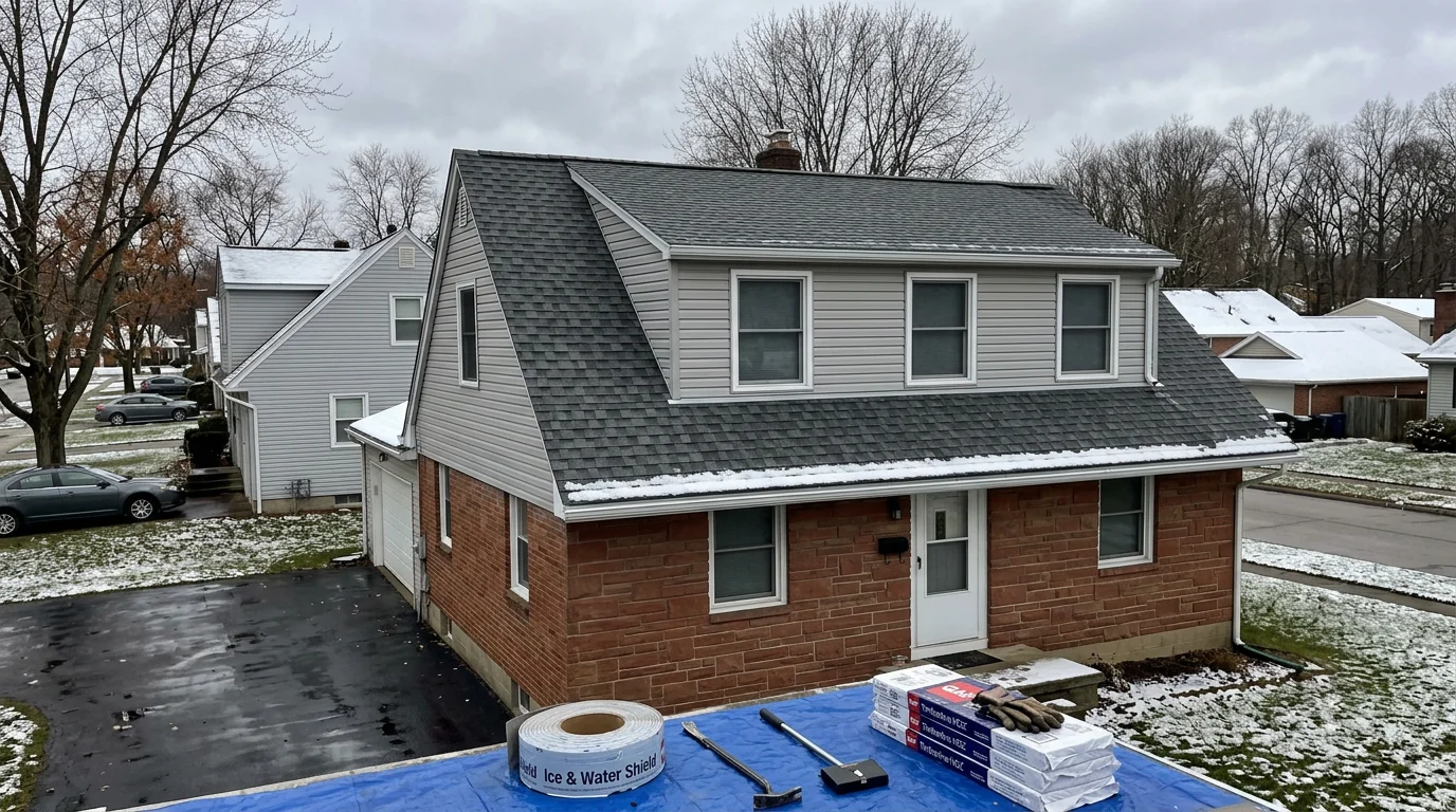 CVRMG Roofing & Construction crew working on a residential roof in Erie, PA