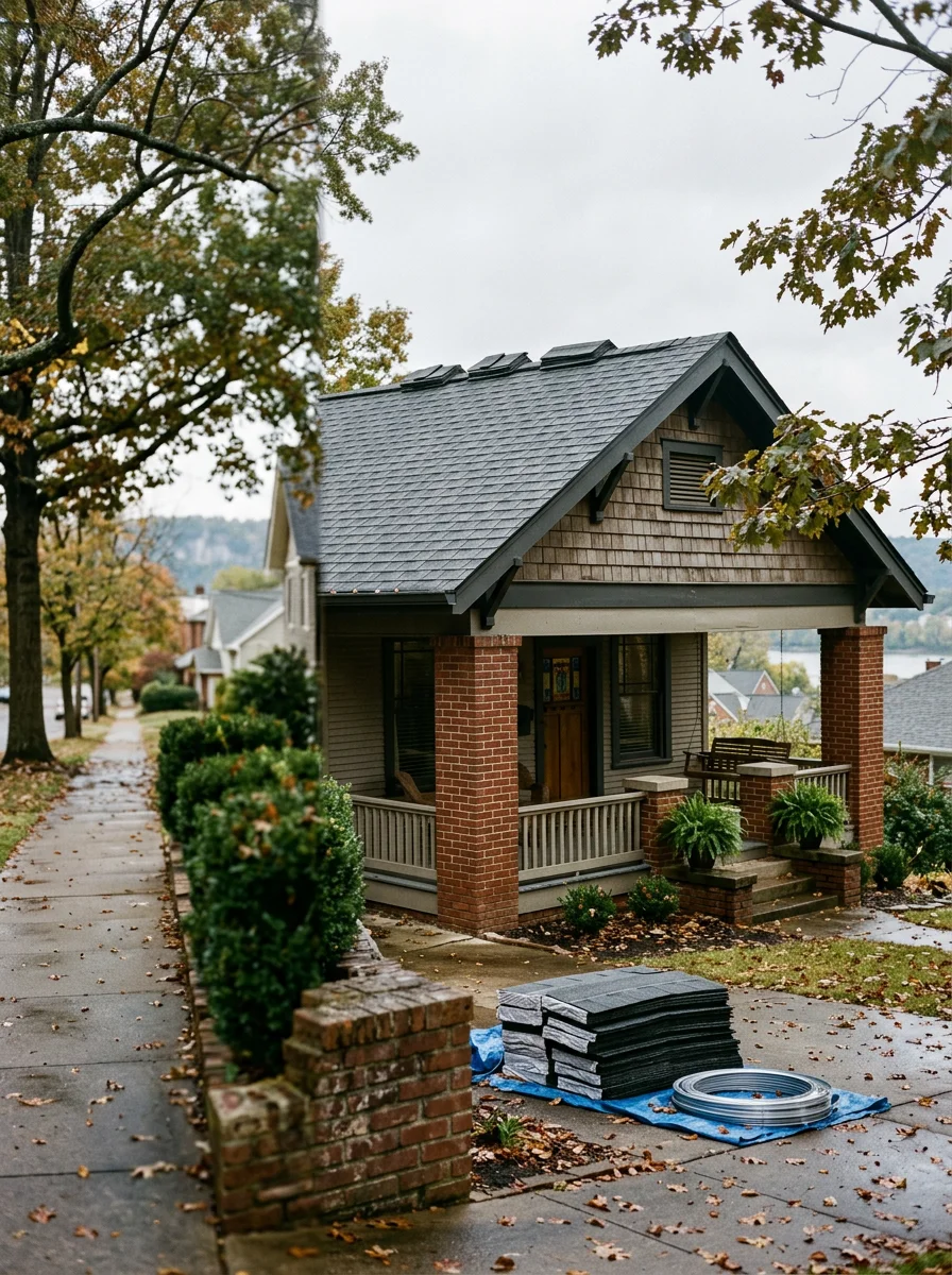 A roofing contractor inspecting wind-damaged ridge caps and lifted shingles on a historic Craftsman-style home in Chattanooga's North Shore neighborhood after a severe thunderstorm.