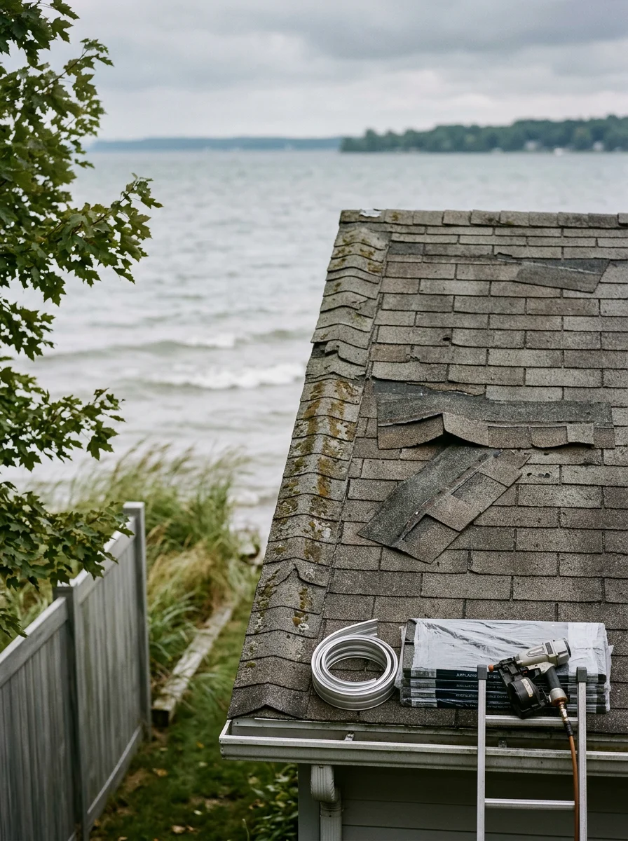 A lakefront home in Fairview Township, Erie County, Pennsylvania, showing wind-damaged ridge caps and lifted shingles along the lake-facing roof slope after a storm.