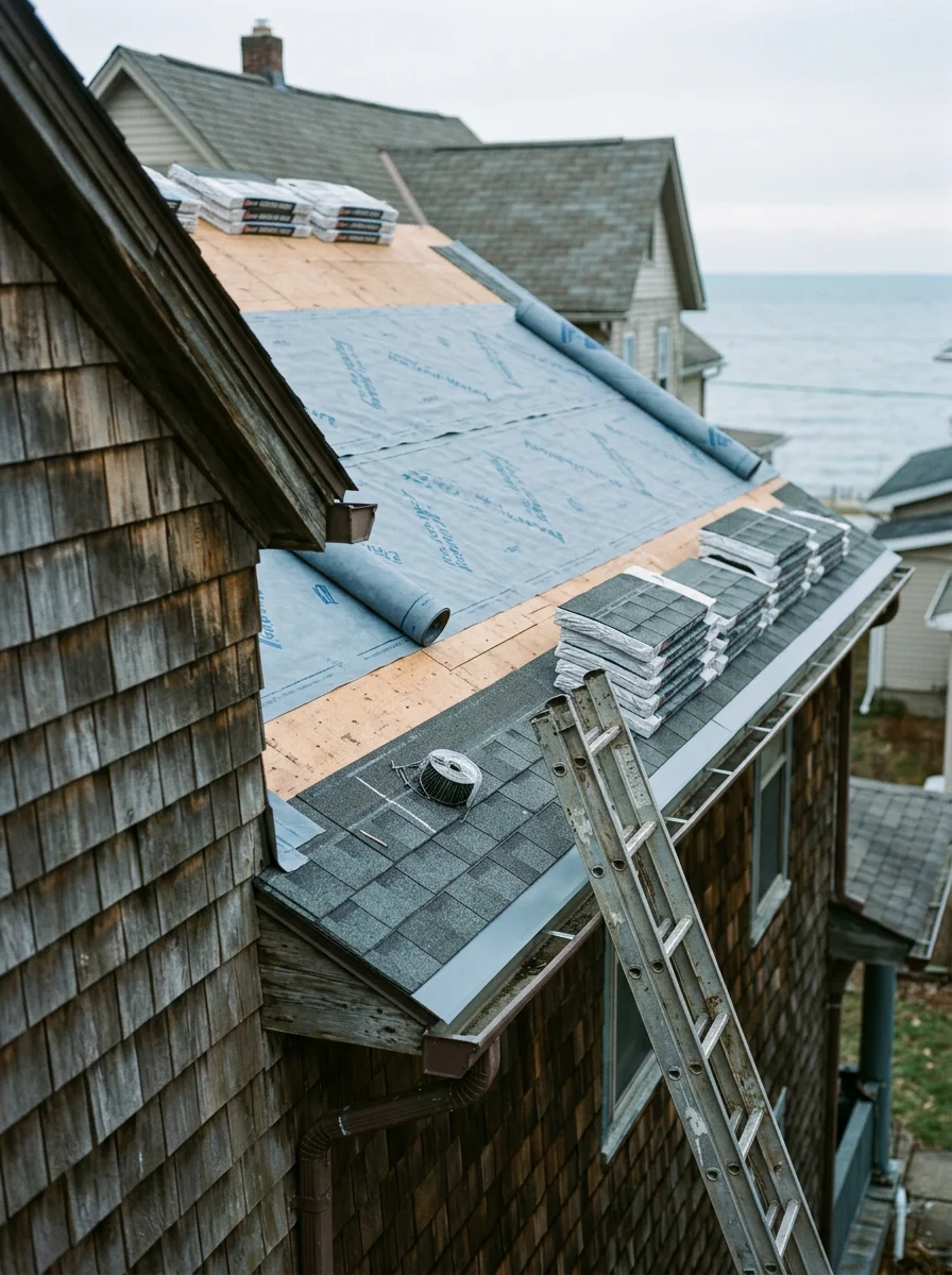 A roofing crew installing ice-and-water shield underlayment on an older Erie home during a roof replacement project, with Lake Erie visible in the background.