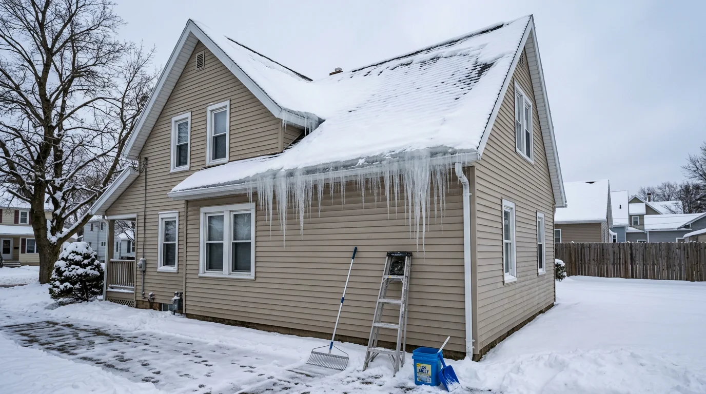 A steep-pitch residential roof in Erie, Pennsylvania showing ice dam formation along the eave overhang after a lake-effect snowstorm, with icicles hanging from the gutters.