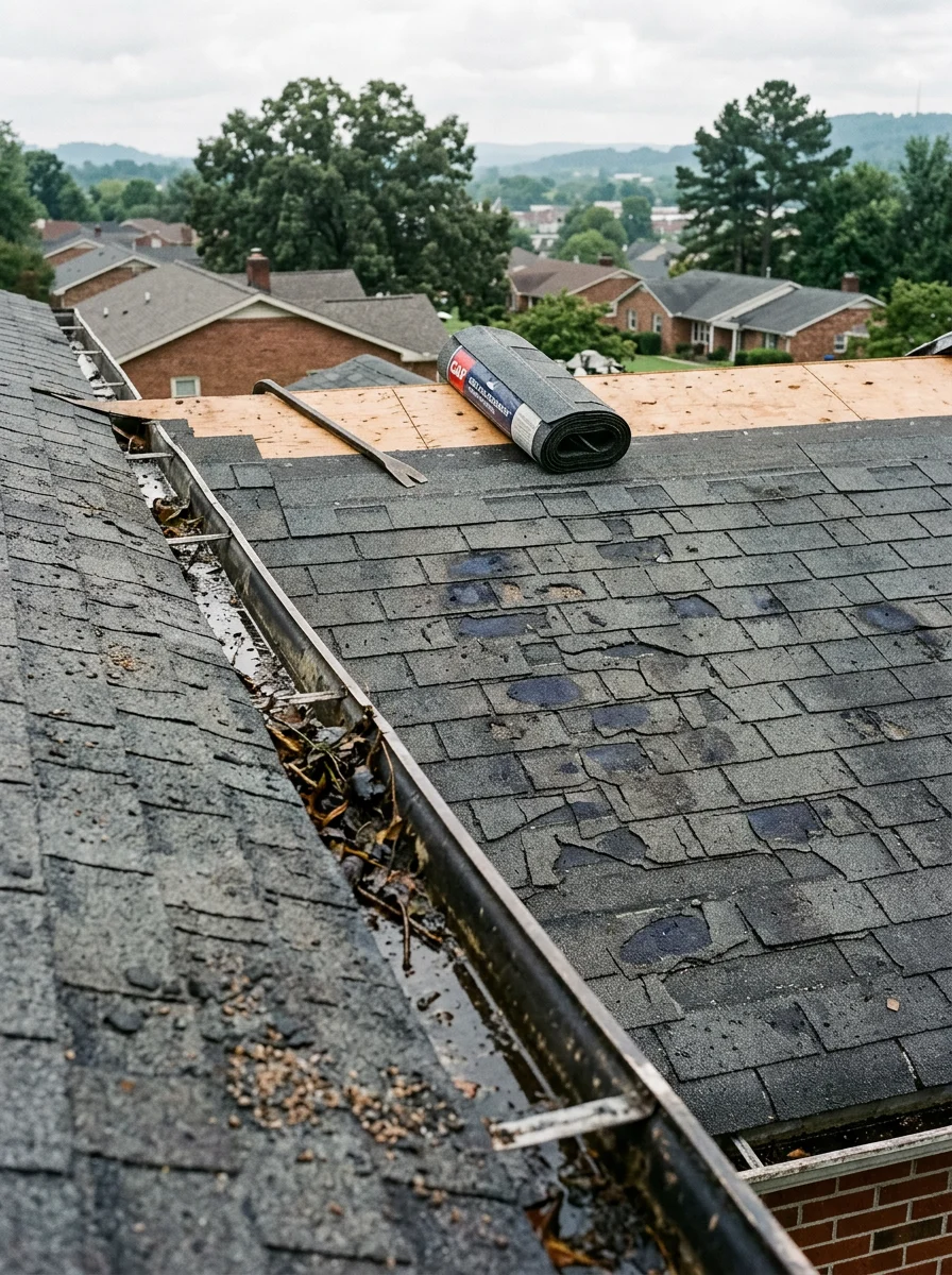A close-up view of hail-damaged asphalt shingles on a Hamilton County, Tennessee home, showing granule loss and bruising across multiple shingle tabs after a severe thunderstorm.