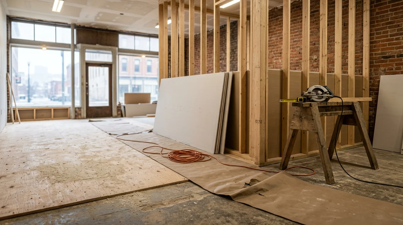 Interior of a commercial space in Erie, PA mid-renovation, showing framed walls, new flooring, and finish work in progress. A general contractor inspects the space during a commercial renovation project in Erie County.