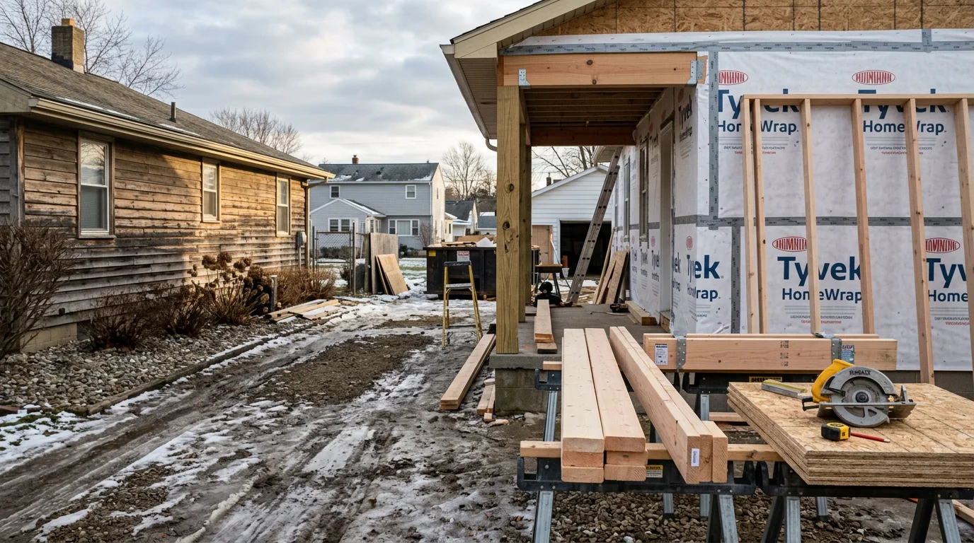General construction work in progress on a residential property in Erie, Pennsylvania, showing exterior structural repairs with Erie County's residential neighborhood visible in the background. A contractor reviews the work site, reflecting hands-on project management for Erie-area homeowners.