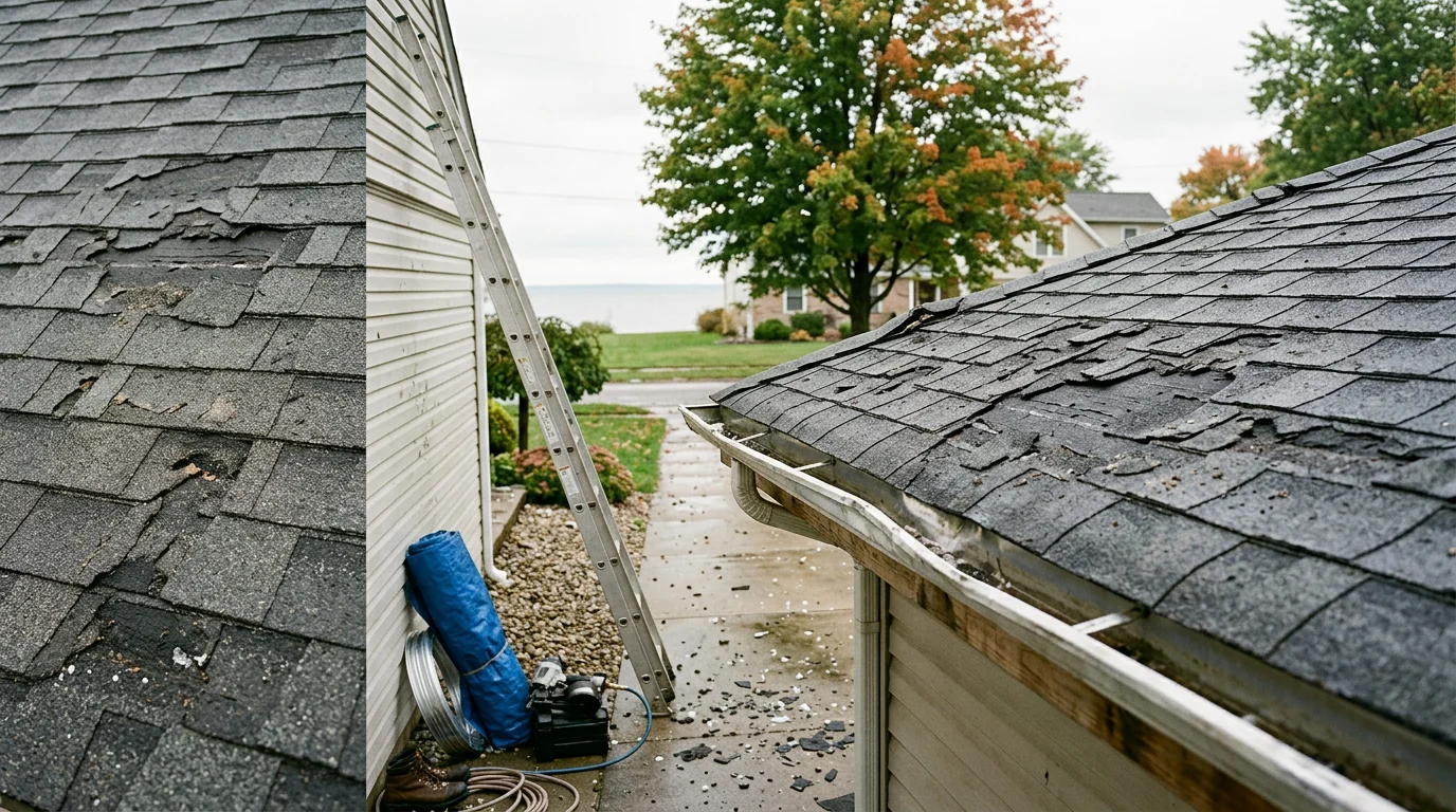 A roofing contractor inspecting hail-damaged asphalt shingles on a residential roof in Erie, Pennsylvania, with visible granule loss and impact bruising across multiple shingle surfaces. Close-up view shows dented metal flashing along the roof edge after a summer hailstorm.