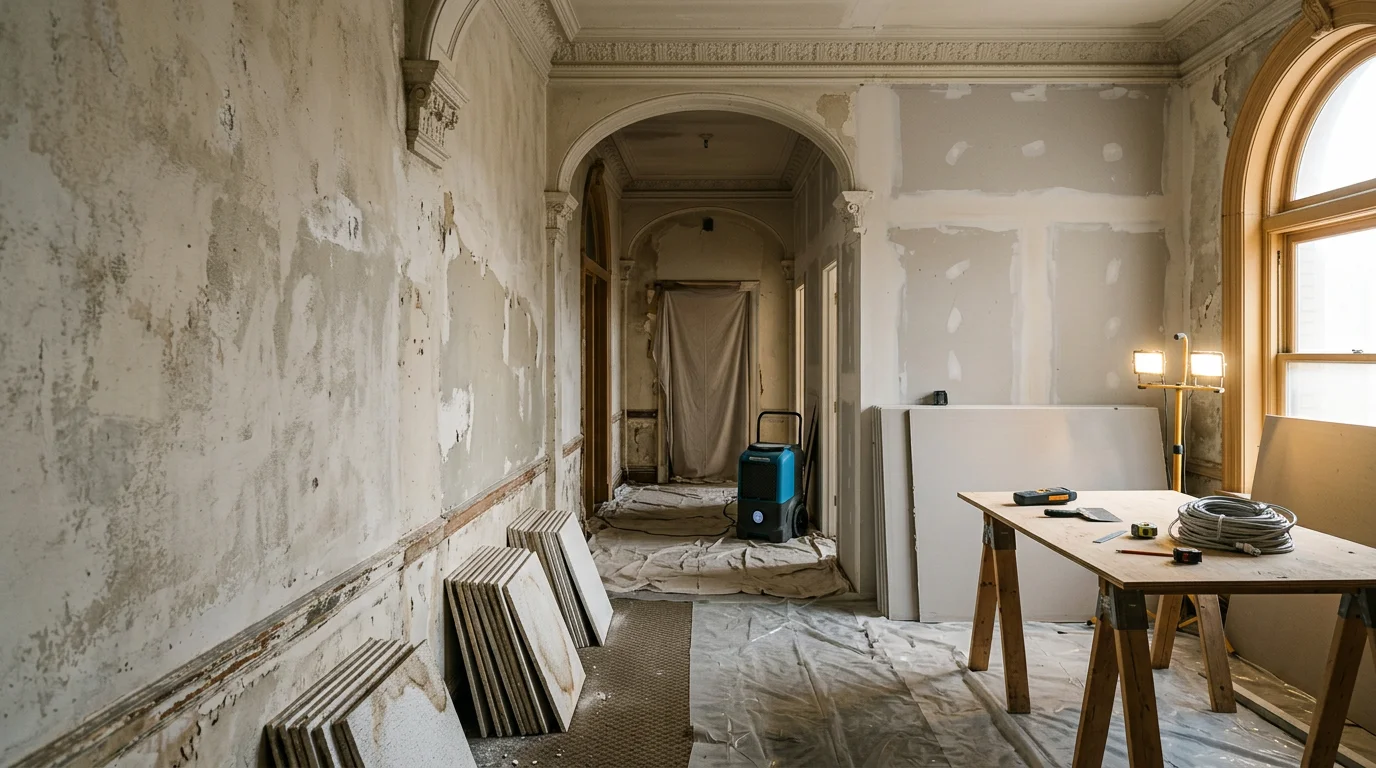 Interior view of a hotel common area in Erie, PA undergoing restoration, showing repaired ornate ceiling details and freshly rehabilitated walls. A general contractor inspects structural framing in an adjacent guest corridor during active renovation work.