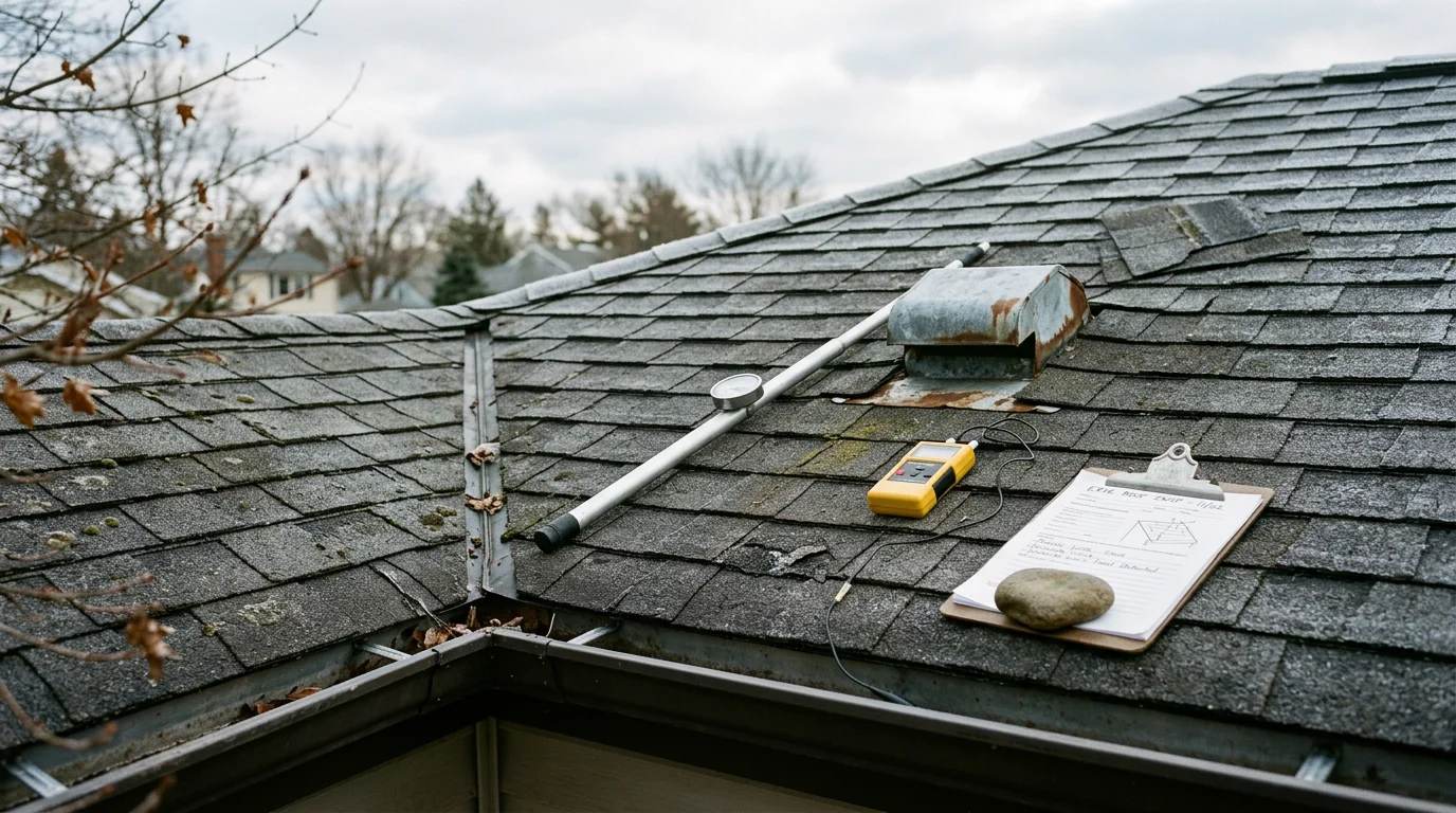 A CVRMG Roofing and Construction inspector examining asphalt shingles and flashing on a residential roof in Erie, PA. Snow-belt conditions visible in the background with ice dam wear along the eave line.