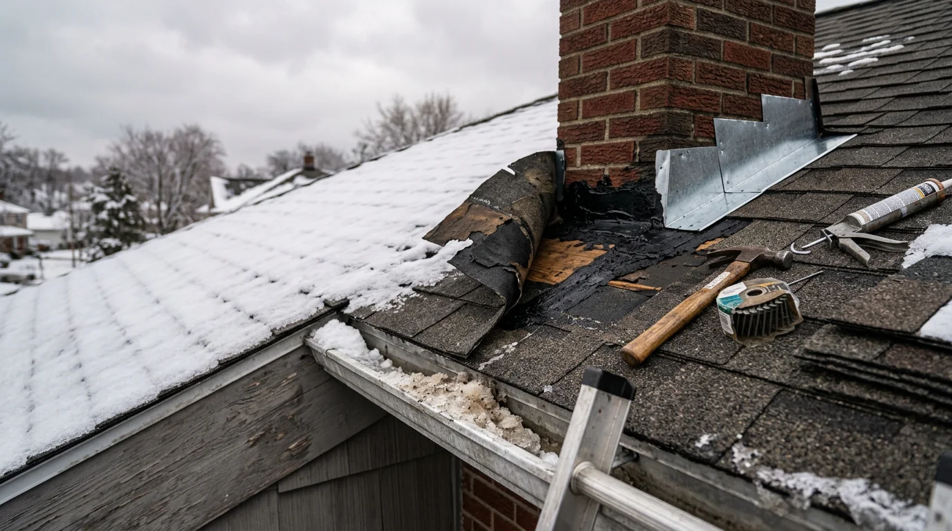 A roofing contractor examining a repaired flashing joint around a chimney on a residential roof in Erie, Pennsylvania. The surrounding shingles show signs of weathering consistent with Erie County's lake-effect snow climate.
