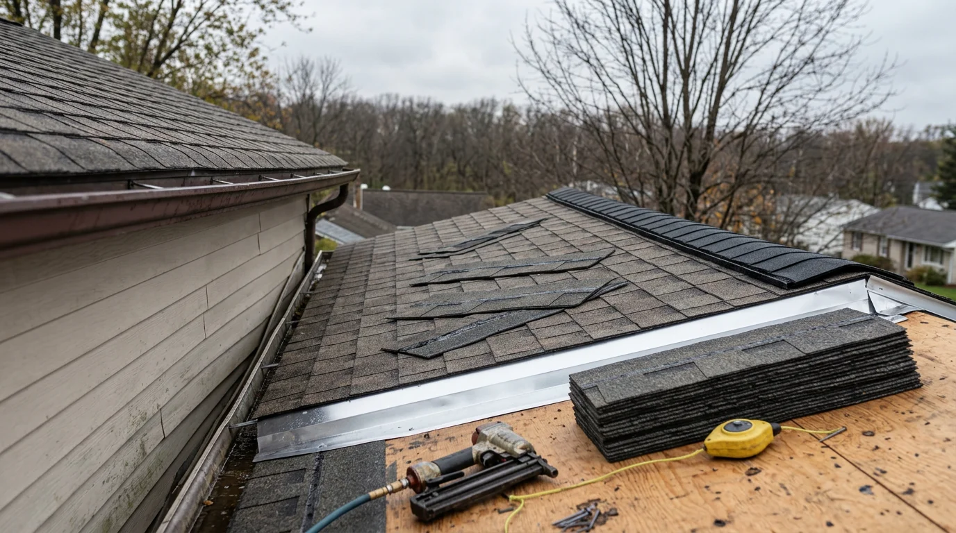 A residential roof in Erie, Pennsylvania showing wind-lifted and missing shingles along the ridge line after a lake-effect storm. A roofing crew from CVRMG Roofing and Construction inspects the damage from the roof surface.