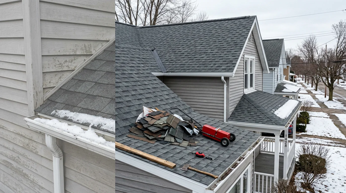Completed residential roof replacement on an Erie, PA home showing new architectural shingles, replaced flashing at the chimney, and clean ridge line against a winter sky. Full tear-off and deck repair were completed before the new roofing system was installed.